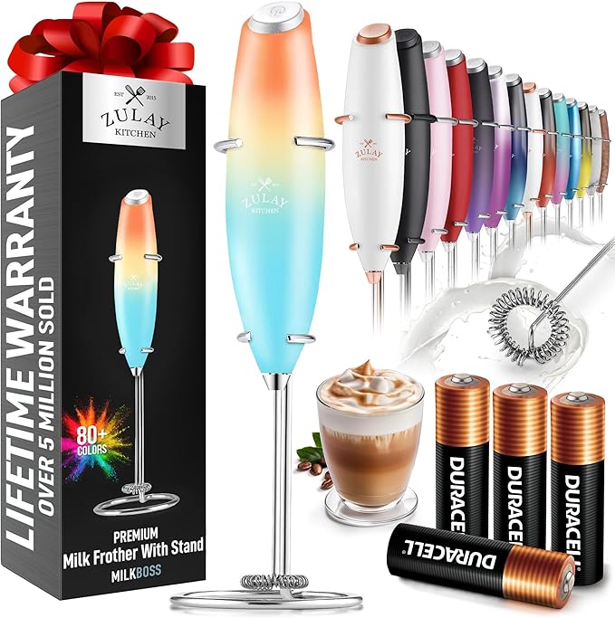 Zulay Kitchen Powerful Milk Frother Wand With 4 AA Duracell Batteries - Ultra Fast Handheld Drink Mixer - Electric Whisk Foam Maker for Coffee, Lattes, Cappuccino, Matcha & Creamer - Sunrise