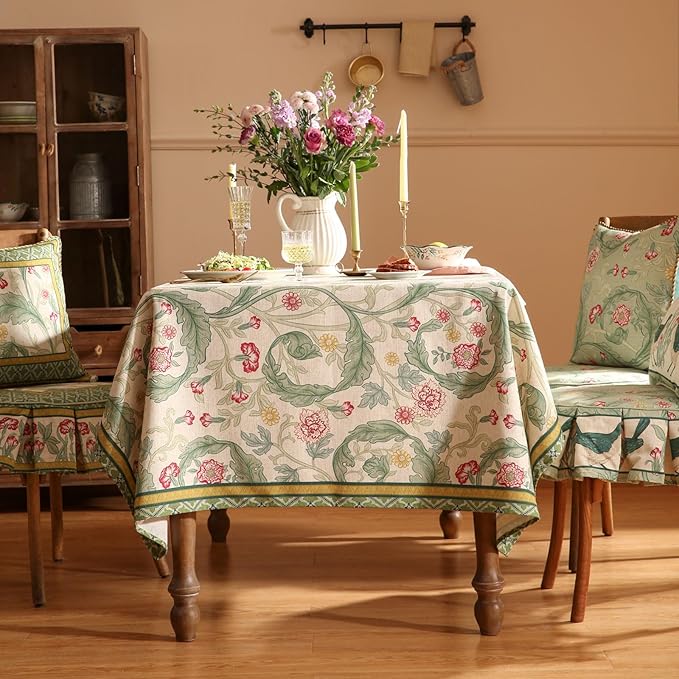 patdrea Designer Linen Green Square Tablecloth,Leaves Pattern Floral Durable Vintage Table Cloth,Decoration Table Cover for Kitchen Dining Christmas,Thanksgiving,Tea Party,67"x67"-Cecilia a