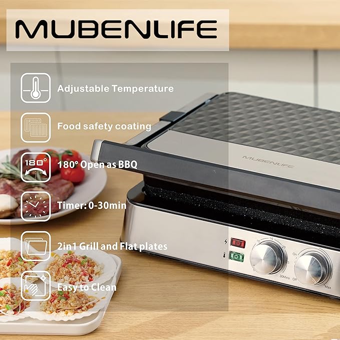 Panini Press,4 Slices Contact Grill with Removable Non-Stick Coated Grill and Flat Plates,Panini Makers with Temperature Control and Timer,Open 180 Degrees,Grill and Griddle (Half black with sus)