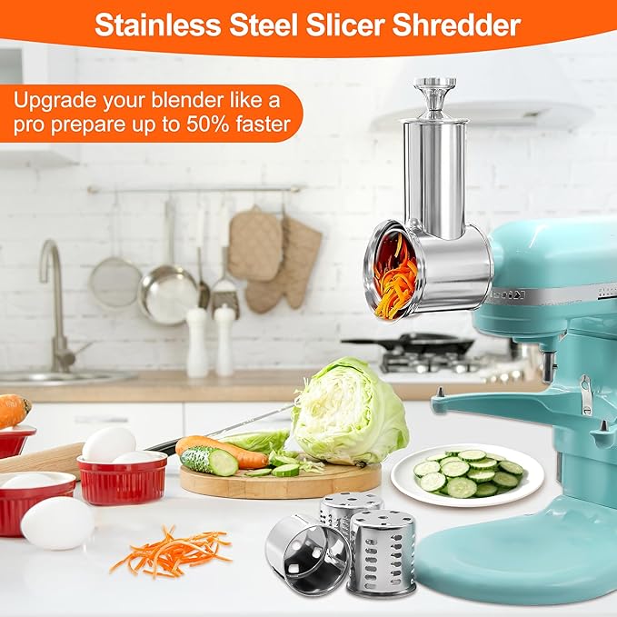 Stainless Steel Slicer Shredder for KitchenAid Mixer Attachment Vegetable & Cheese Grater Attachment with 4 Blades (Fine, Medium, Coarse, Slicer), with Knob, Dishwasher Safe, Durability