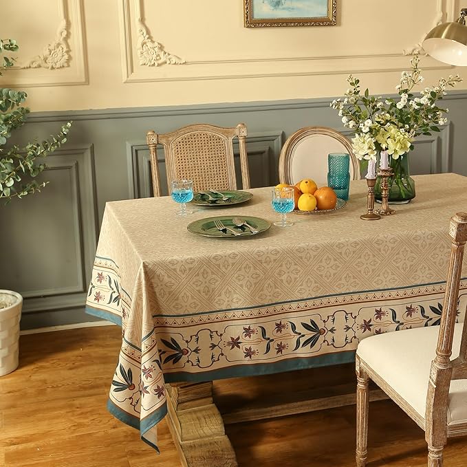 patdrea Designer French Rectangular Tablecloth,Beige Anti-Wrinkle Durable Floral Farmhouse Table Cloth,Decor Tables Covers for Kitchen Dining,Tea Party,Christmas,Thanksgiving,55"x79"-Fram
