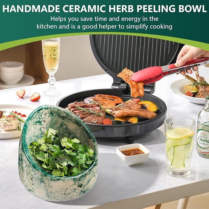 Pottery Herb Stripper Bowl, Handmade Ceramic Herb Peeling Bowl, for Separating Leaves and Stems (Green)