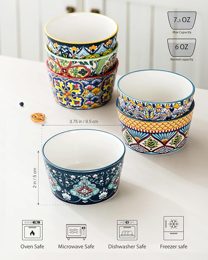 Ramekins Oven Safe for Creme Brulee - Porcelain Pudding Custard Cups 6 oz - Small Serving Bowls for Souffle, Dipping Sauce, Ice Cream, Baking Ramiken Set of 6 - Bohemian Style