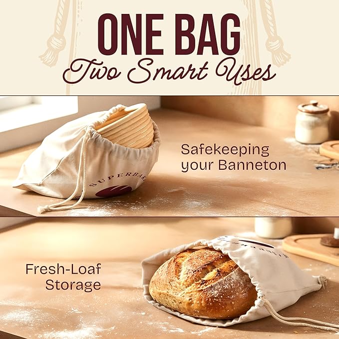 Superbaking 2 pcs Banneton Bread Proofing Basket, 9" Splinter-Free Round Rattan Bread Basket with Liners, Sourdough Starter Kit, Sourdough Bread Baking Supplies & Sourdough Kit, Bread Making Tools