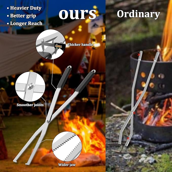 Heavy Duty Fire Tongs Firewood Grabber Tool with Scissor Shape Serrated, Bonfire, Campfire Fire Pit Log Claw Tongs (Silver)