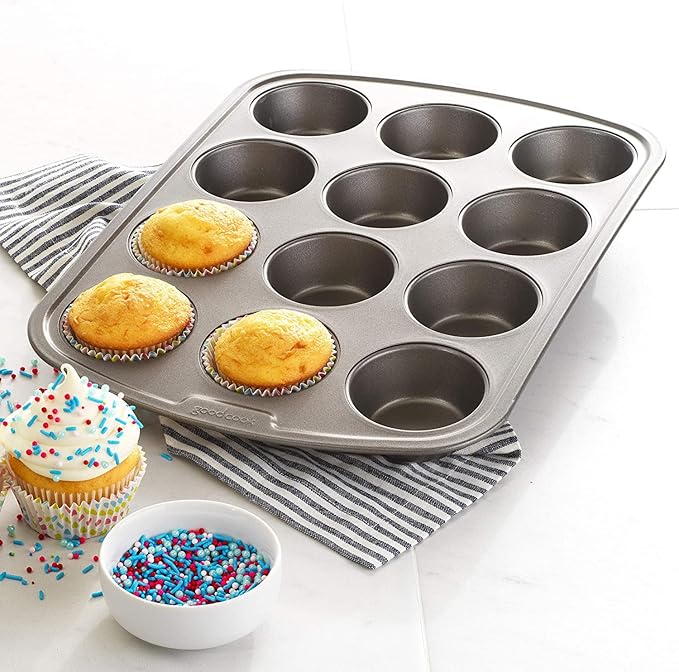 GoodCook Everyday Nonstick Steel Muffin Pan, 12 cup, Gray
