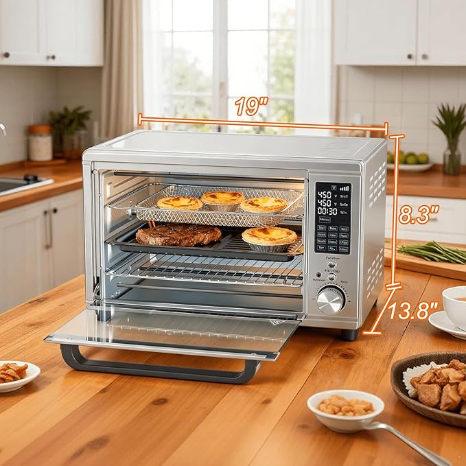 OLIXIS Air Fryer Toaster Oven Combo Dual Door, 29.6QT Oven Countertop 12 Functions in 1, 7 Accessories Included, Stainless, Up to 450°F