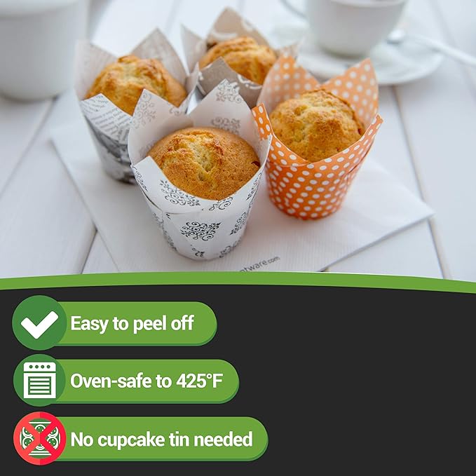 Restaurantware Panificio 1.7 Ounce Baking Cups 200 Tulip Cupcake Liners - Oven-Ready Freezable Black And White Paper Muffin Cases Disposable Vintage Floral For Wedding Parties Baby Showers