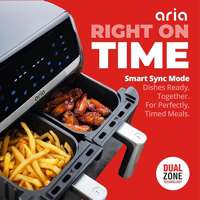 Aria 10Qt Dual Basket Air Fryer, Double 5Qt Basket Efficiency, Smart Sync Cooking, 8 Versatile Presets, Intuitive Touch Controls, and Dishwasher-Safe Baskets