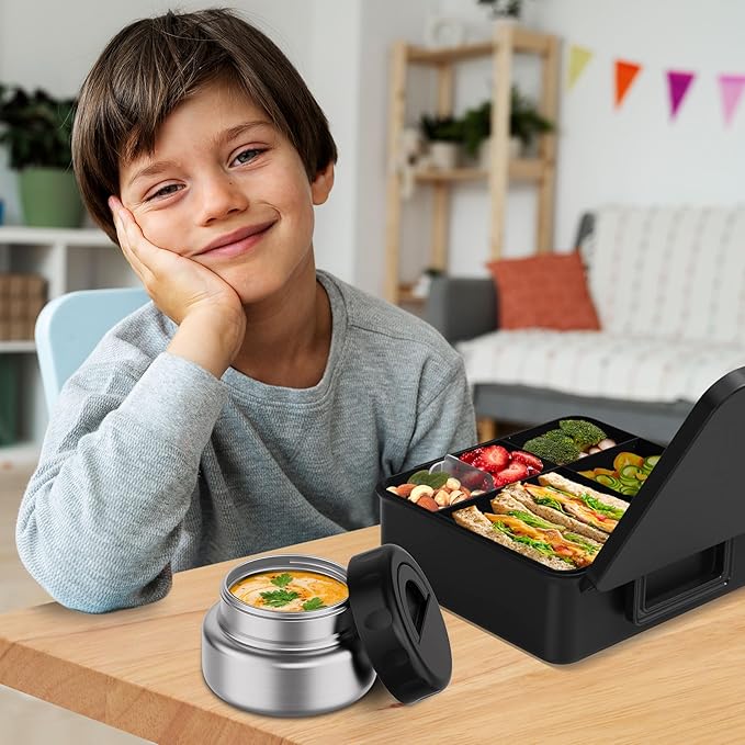 Bento Box for Kids with Thermo Food Container (9oz), 4-Compartment Lunch Box, Adjustable Divider, Leakproof Bento Lunch Box, Includes Utensils & Carry Bag for School, Office(Black)