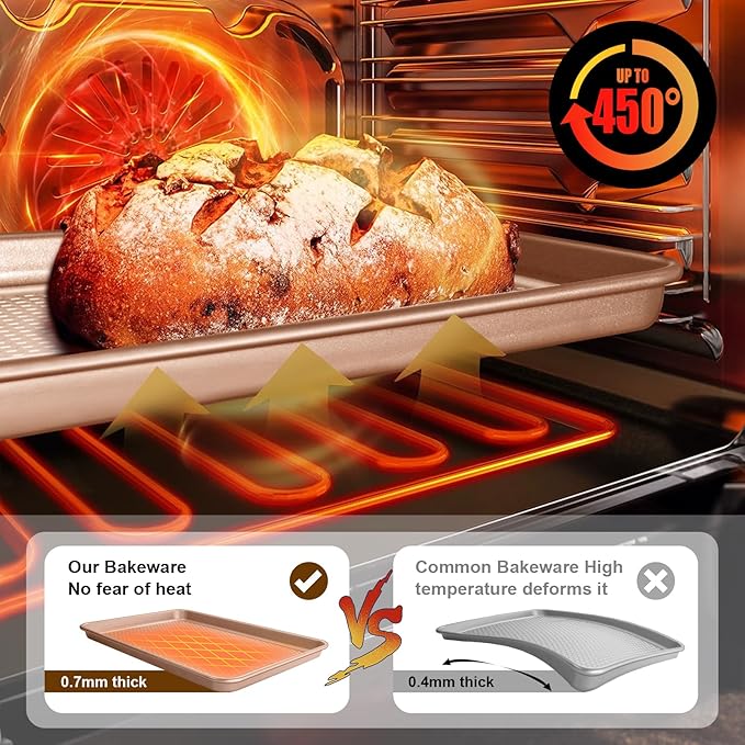 Wildone 2 Pack Half Sheet Baking Pans, Honeycomb Embossed Nonstick Baking Sheet 17.5x12 In, Thicker Carbon Steel Cookie Sheet, Even Heating & Warp Resistant, Rose Gold
