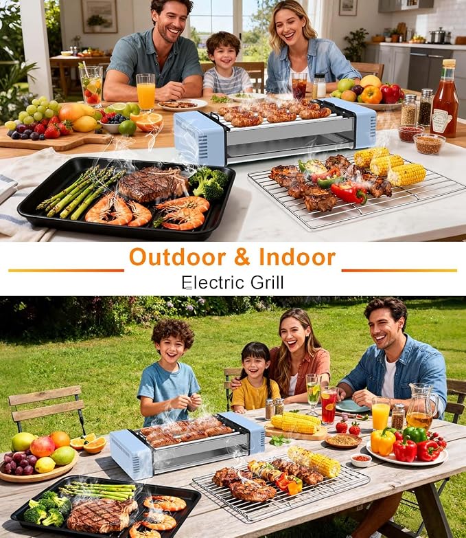 3-in-1 Electric Grill with Hot Dog Roller, Portable Indoor Outdoor BBQ Grill, Griddle and Sausage Roller Machine with Removable Non-Stick Plate & Drip Tray, for Tailgate, Camping, RV, Home Kitchen