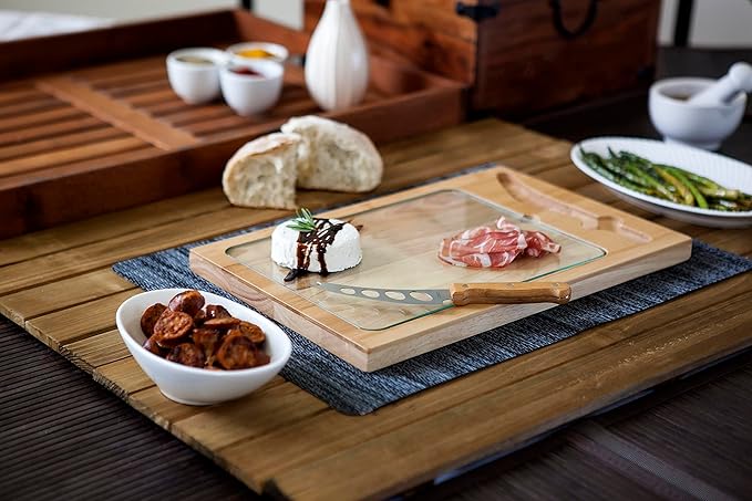 PICNIC TIME NHL Seattle Kraken Hockey Rink Icon Glass Top Cutting Board & Knife Set, Cheese Boards Charcuterie Boards, Serving Platter, (Parawood & Bamboo)
