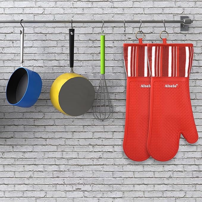 Alselo Silicone Oven Mitts Heat Resistant 550 Degree, Extra Long Kitchen Mittens with Non-Slip and Waterproof Pot Holders for Baking Cooking Barbecue Microwave Machine Washable(Extra Long red, 2)
