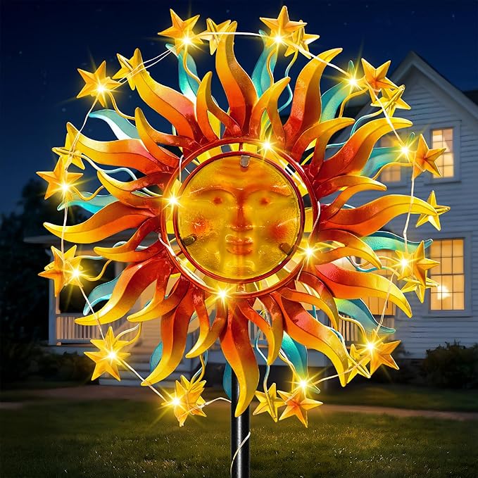 60.3" Solar Wind Spinner Outdoor Metal Sun Kinetic Sculpture – Dual-Sided Garden Spinner with Waterproof LED Vine Lights, Rust-Proof Yard Art Decor for Patio, Lawn & Pathway