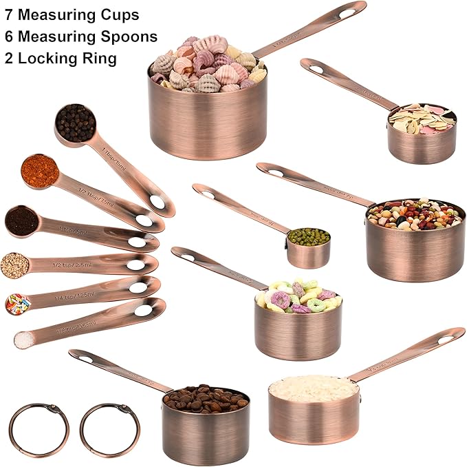 Smithcraft Measuring Cups and Spoons Set, Copper Measuring Cups and Spoons Set for Baking & Kitchen, Stainless Steel Measure Cup and Spoon for Dry &Liquid, Metal 7 Measure Cups&6 Spoons