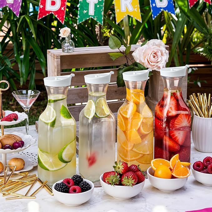 GUSTO [50 oz - 4 Pack] Plastic Carafe with Lid, Large Capacity Square Base - Clear Pitcher with Flip Top Lid, Easy-Pour Spout Juice Containers with Lids, Hand Wash Only - Perfect for Mimosa Bar