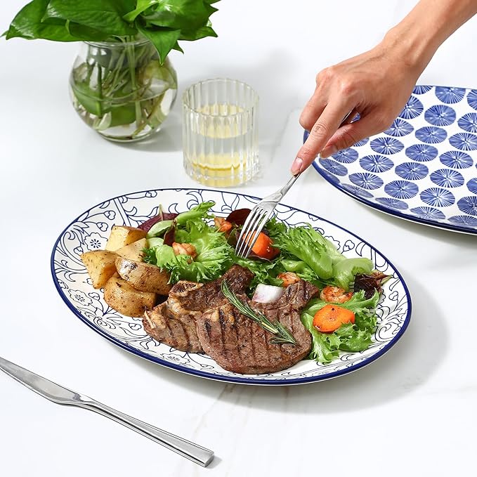 Selamica Serving Platter, 14 Inch Large Serving Dishes for Entertaining, Oval Ceramic Serving Trays for Party, Steak, Cake, Dinner, Fruit, Oven Safe, Microwave Safe, Set of 4, Vintage Blue