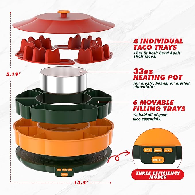 Taco Tuesday Kit - Taco Bar Serving Set for a Party with 33oz Heated Pot, 4 Taco Holders, Detachable Lazy Susan Tray, Perfect for Parties, Nachos Taco Night Fiesta Unique Couple & Housewarming Gift