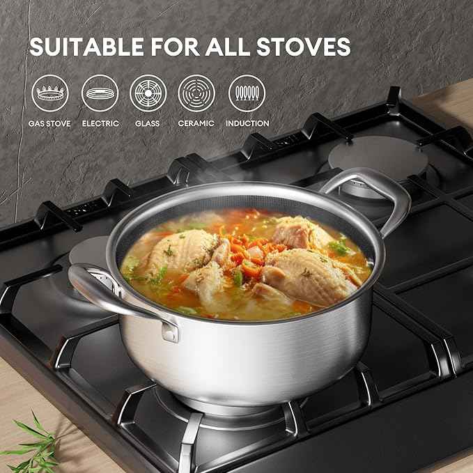 COOKER KING Stainless Steel 6 Pcs Pots Set, 1.5 & 2QT Saucepan and 5-Quart Pots with Lids, Non Stick, Non Toxic, Stay-Cool Handles, Induction, Oven, Dishwasher Safe