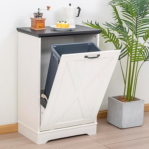 13 Gallons Tilt Out Trash Cabinet, Hidden Trash Can Cabinet Wooden Tilt Out Pet Proof Hidden Trash Bin Cabinet for Kitchen (Black and White)