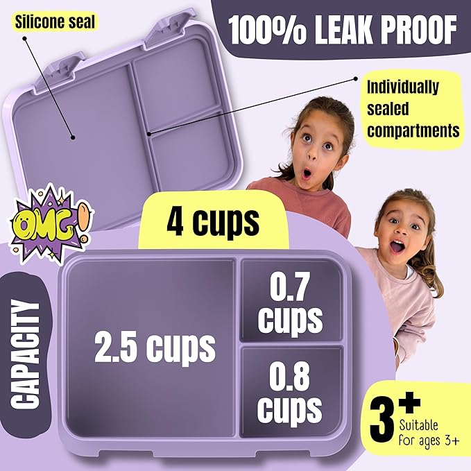 BEARFOOT Kids Lunch Box with Compartments – Compact & Lightweight | Leak-Proof, BPA-Free, Dishwasher & Microwave Safe | Hand-Drawn Design for Preschool, School, Travel (Dog & Cat Purple, 4 Cups)