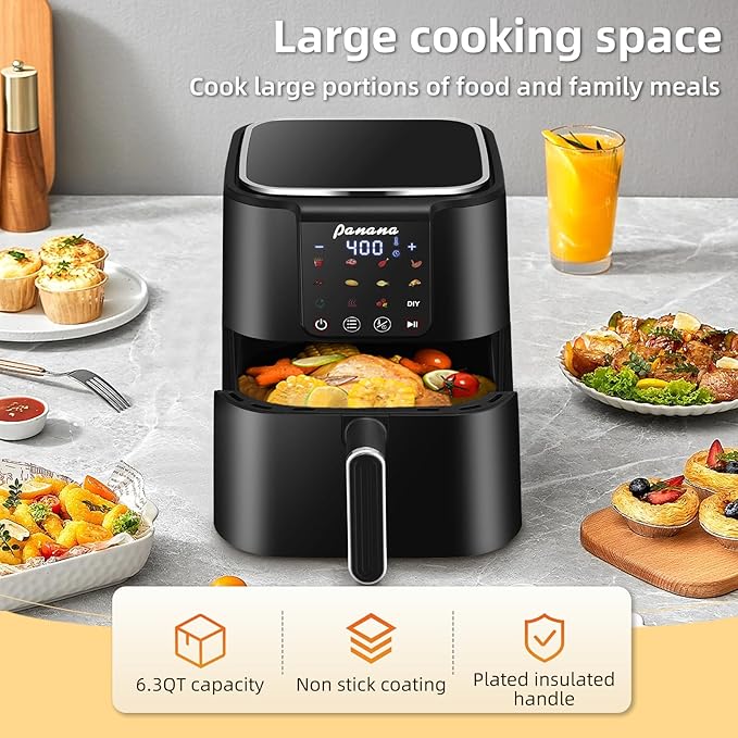 Panana Air Fryer, 6.3QT Large Capacity Air Fryer, Oilless Healty Cooker Airfryer Oven with 12 Presets, 1500W Air Fryers for Quick Meal, Home Use (Black)