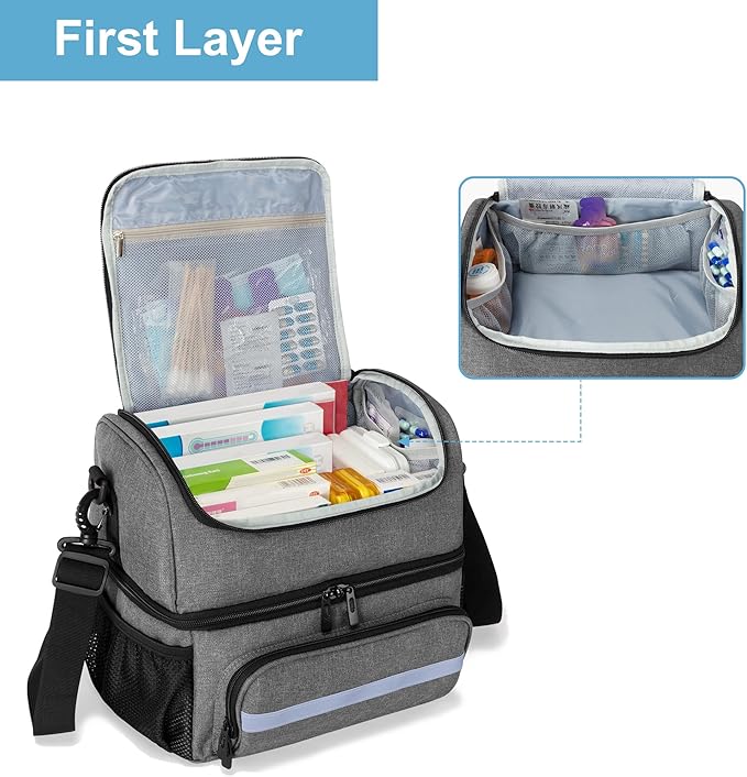 CURMIO Double Layers Medicine Storage Bag, Pill Bottle Organizer Bag with Inner Dividers, Medication Travel Bag for Vitamins, Supplements, Prescription Bottles, Medical Supplies, Gray (Patent Design)