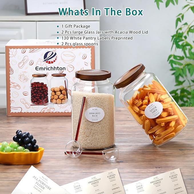 2-pack 3/4 gallon glass storage container with Acacia Wood Lids and glass spoon, Sealable Waterproof, Large Tall Glass Jar,Glass food storage Jars Set for Coffee bean, Nut, Candy, Cereal, Flour，sugar