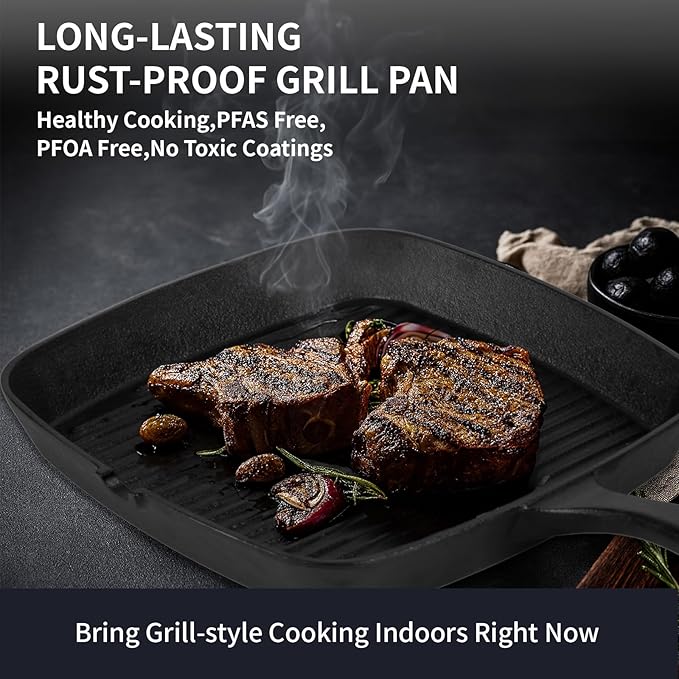 Cast Iron Grill Pan,9.25" Pre Seasoned Skillet with Pour Spouts,Silicone Handle Cover for Indoor and Outdoor Grilling,Durable Oven Safe,Stove Campfire Use(Black)