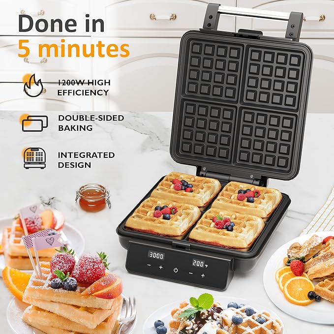 Sunvivi Waffle Maker Machine 4 Slices with Quick Heat-Up, Time & Temperature Control, LCD Display, Nonstick Surface, Perfect Waffle Iron for Kids and Families, Stainless Steel, Silver
