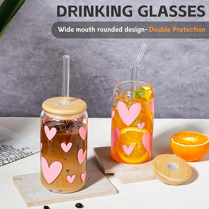 DWTS DANWEITESI Glass Cups with Lids and Straws with Design Pink Hearts 4 pcs,Clear Glass Cups 16 oz-Glass Tumbler,Cute Glass Iced Coffee Cups with Lids and Straws