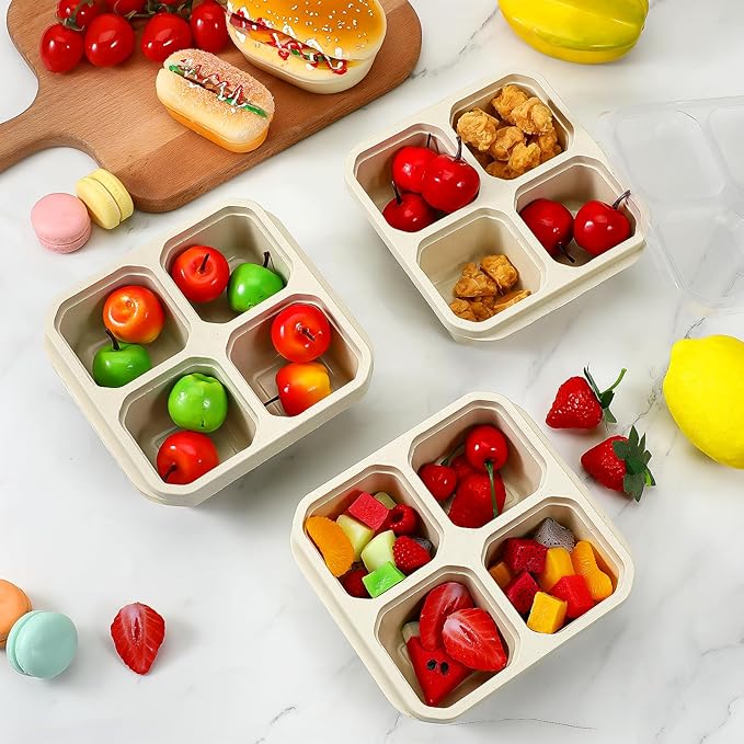 SHENLIU 6 Pack 4 Compartment Snack Containers, Beige Reusable Lunchable Container Divided Bento Snack Box with Lids Food Storage Containers for Adults Travel Work