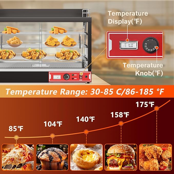 Whalefall Countertop Food Warmer with top Holder, 35 inch Commercial Food Warming Cabinet, tri-Color Lighting, w/Thermometer and Adjustable Thermostat for Cafeteria Kitchens Restaurants