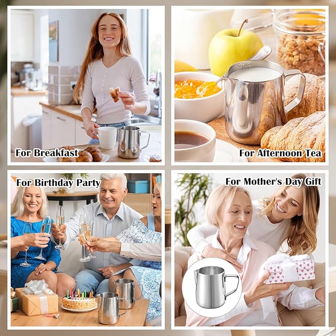 Honeydak 12 Pcs Milk Frothing Pitcher 304 Stainless Steel Steaming Pitchers for Coffee Bar Cappuccino Barista Tools Milk Jug Steamer Frother Cup (7 oz,Silver)