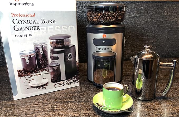 Espressione Professional Conical Burr Coffee Grinder, Black/Silver, 8.5-Oz.