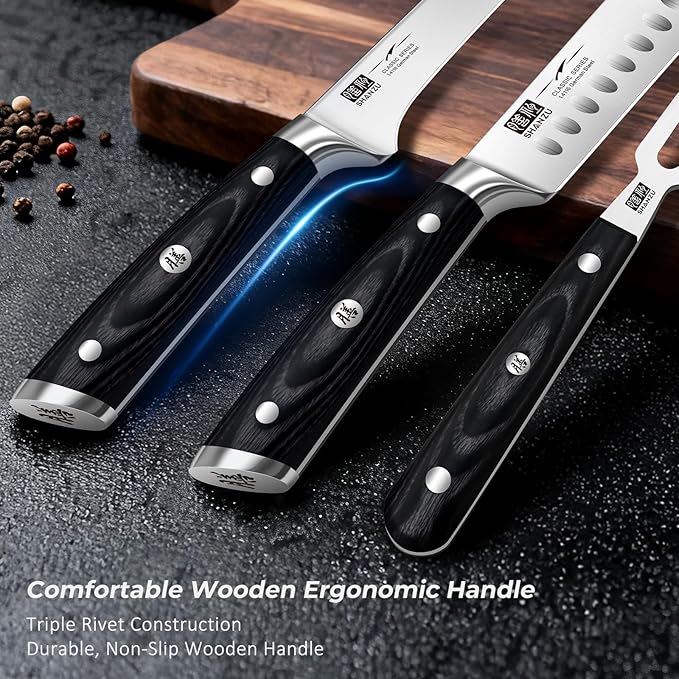 SHAN ZU 3Pcs BBQ Carving Knife Set with Sheath – for Turkey, Meat, BBQ, Brisket, Razor Sharp Slicing Knife, Professional 5Cr15MoV Stainless Steel, Ergonomic Full Tang Wood Handle, Gift Box Included