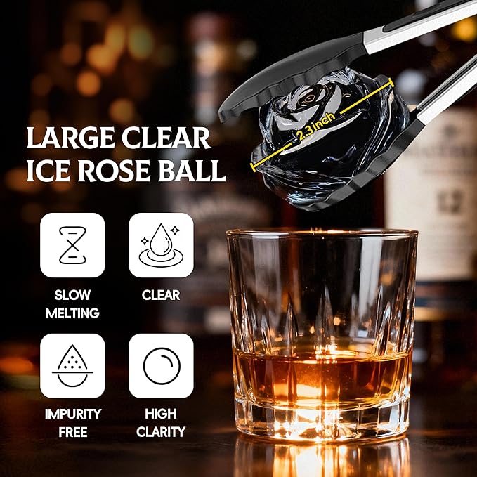 Clear Ice Cube Maker Tray – 2.3 Inch Large Rose Ice Ball Mold, Stainless Steel & Silicone, Slow Melting Crystal Ice for Whiskey, Cocktails, and Home Bar Use
