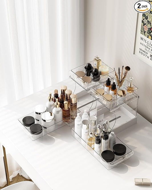 Attelite Makeup Organizer 2-Tier Rotating Design Cosmetics Storage with 180 Rotation Sturdy Durable Versatile Perfume Vanity Organizer for Countertops, Bathrooms, Office Supplies 2 Pack White
