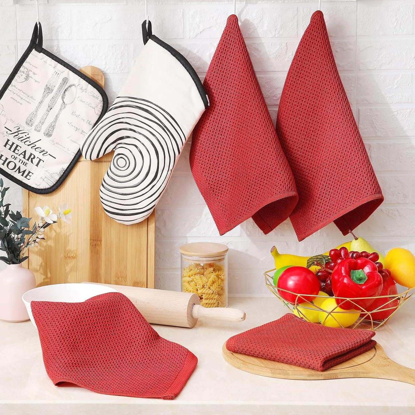 Homaxy 100% Cotton Waffle Weave Kitchen Dish Cloths, Ultra Soft Absorbent Quick Drying Dish Towels, 12 x 12 Inches, 6-Pack, Brick Red
