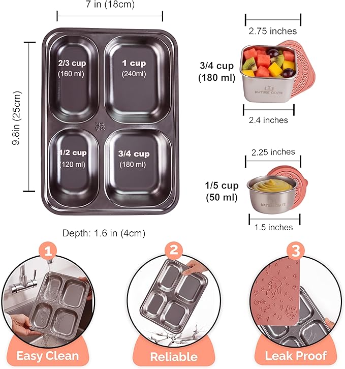 Stainless Steel Lunch Box for Kids 5 and Older – 3 Pieces Stainless Steel Bento Box with 4 Compartments & 2 Snack Containers – Leak Proof, BPA-Free, Eco-Friendly, Dishwasher Safe & Durable – Pink