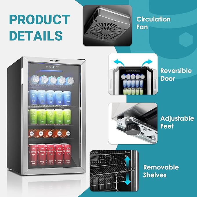 EUHOMY Beverage Refrigerator Cooler, 128 Can Mini Fridge with Glass Door for Soda Beer or Wine, Beverage Cooler for Home, Office, Bar with Adjustable Removable Shelves, Silver