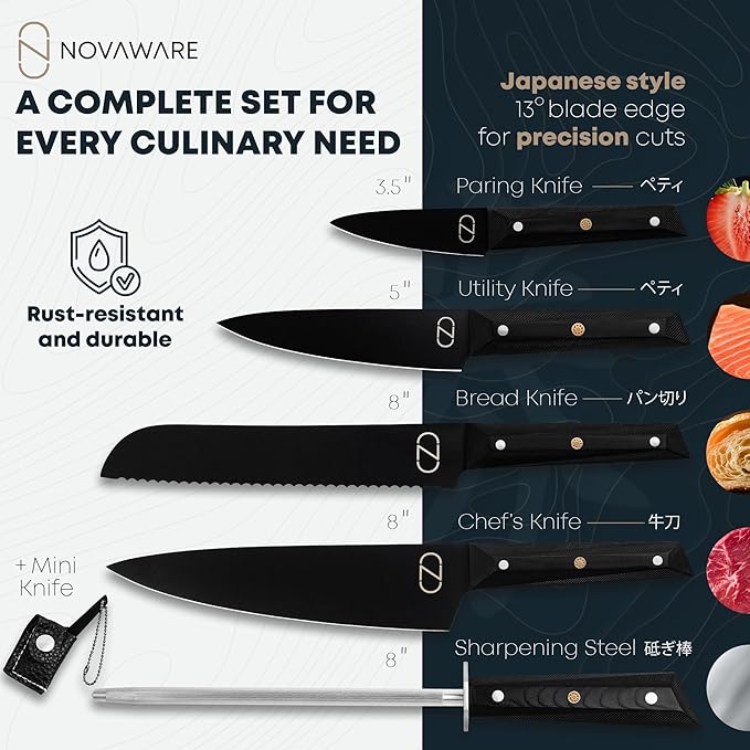 NOVAWARE 5 Pc Kitchen Knife Set – Ultra Sharp 60 HRC Chef Knife Sets, Black Titanium Coated Steel, Ergonomic G10 Handles – Chef Knives Without Block + Mini-Knife, Professional Knives Set for Kitchen