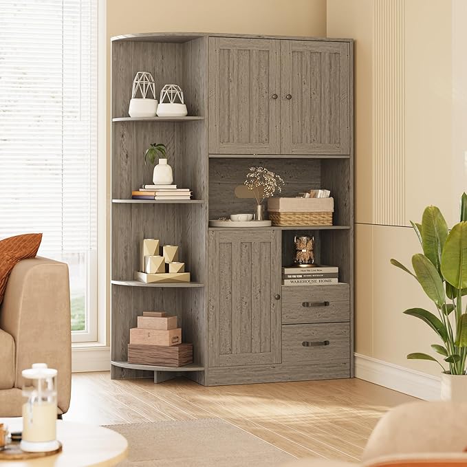 Gizoon 60.4" Pantry Cabinet with Coffee Bar, Tall Kitchen Pantry Storage Cabinet with Microwave Stand and 2 Drawers, Farmhouse Hutch with 4 Open Tiers for Dining Room and Kitchen Organization, Grey