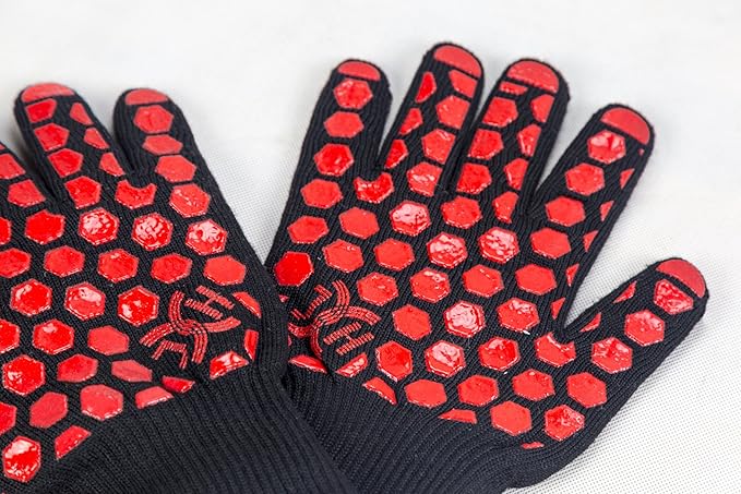 J H Heat Resistant Oven Glove:EN407 Certified 932 °F, 2 Layers Silicone Coating, Oven Mitts for Cooking, Kitchen, Fireplace,Camping, Grilling (Black/Red, Regular Cuff)