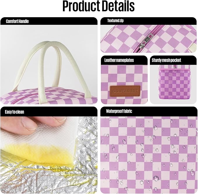 douyadady Lunch Bag Women/Men Lunch Box Women/Men (Purple+Pink Checkerboard)
