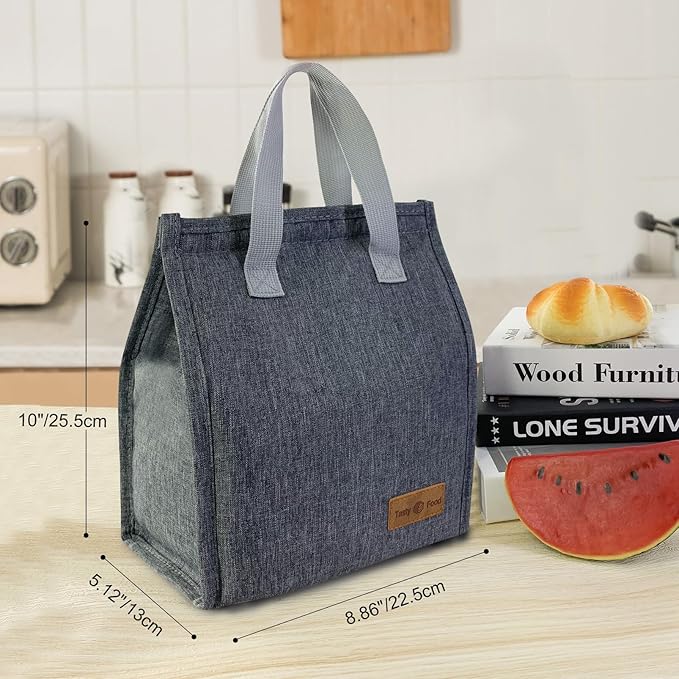 Mziart Minimalist Lunch Bag, Reusable Insulated Bag for Women Men Box Container Leakproof Simple Bento Tote Adults Cooler Work Office Picnic or Travel (Grey) M23HK-LB-005-JJ