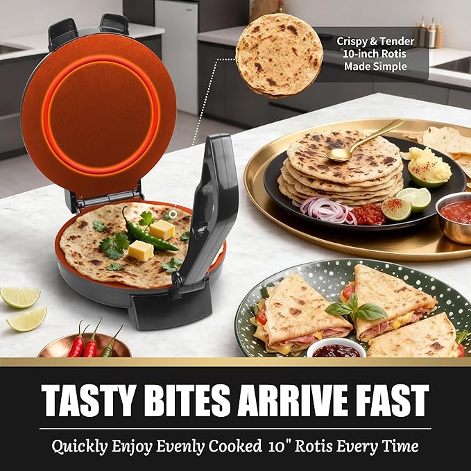 FineMade Compact 10'' Roti Maker Machine, Electric Tortilla Press with Detachable Handle, Prensa Para Tortillas,Chapati Maker Machine, Burrito Maker, Tortillera, Black