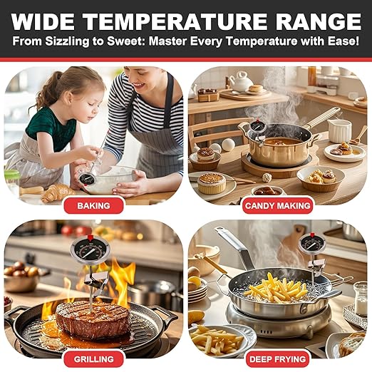 Glow-in-The-Dark Candy Thermometer Waterproof IP67-9" Deep Fry & Candy Thermometer with Pot Clip – High-Heat, Waterproof for Oil, BBQ, Candle Making，Black