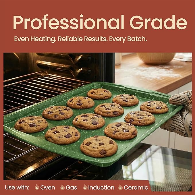 BAKKEN Kitchen Baking Pan Set - Nonstick Green Marble Coating, Commercial Grade Carbon Steel Bakeware Sets, Baking Kitchen Essentials, PFOA, PFOS, PTFE Free, Oven Safe Tray (Up To 450° F), Set of 3